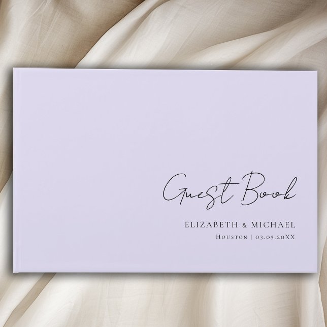 Minimal, Ljus Lila-handskriftsskript Bröllop Gästböcker (Minimal, Light-Purple Handwriting Script Wedding Guest Book with your name and date.)
