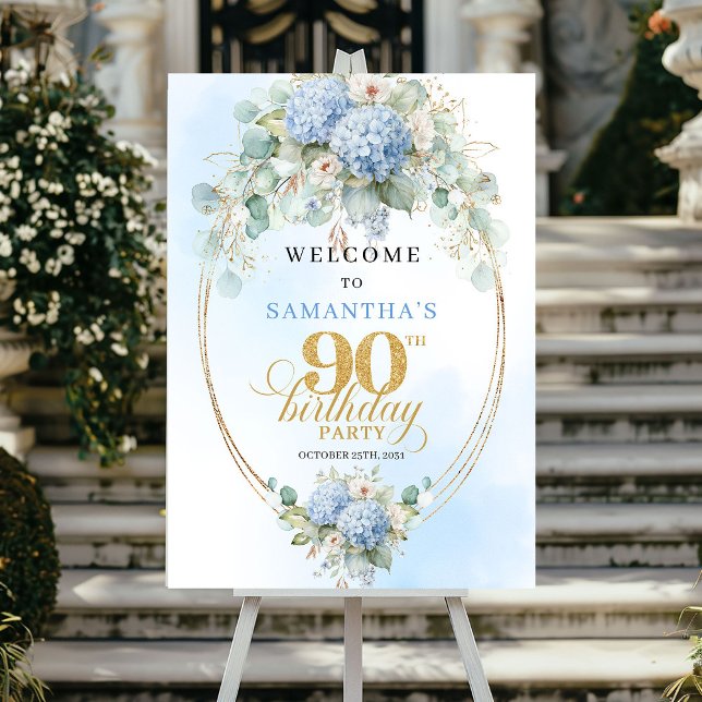 Minimal ljusblå blomstergestaltning 90-års välkoms poster (Minimal Light Blue Floral 90th Birthday Welcome)
