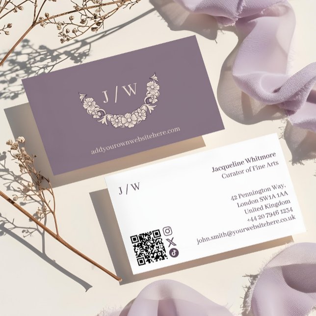 Minimal Logotyp för andningsutandning av Blommigt  Visitkort (Luxury Minimal Floral Wreath Logo Monogram QR Code Business Card)