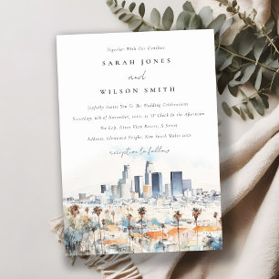 Minimal Los Angeles, Kalifornien Watercolor Bröllo Inbjudningar