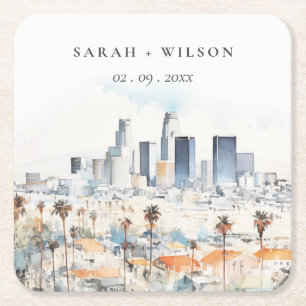 Minimal Los Angeles, Kalifornien Watercolor Bröllo Underlägg Papper Kvadrat