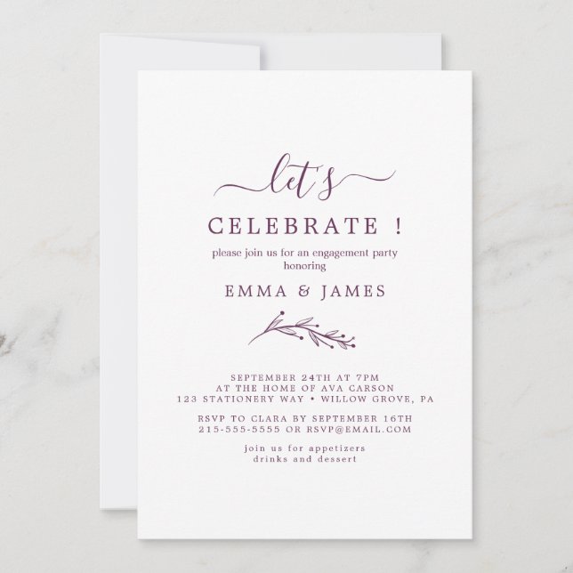 Minimal löv | Aubergine "Låt oss fira"  Inbjudningar (Framsida)