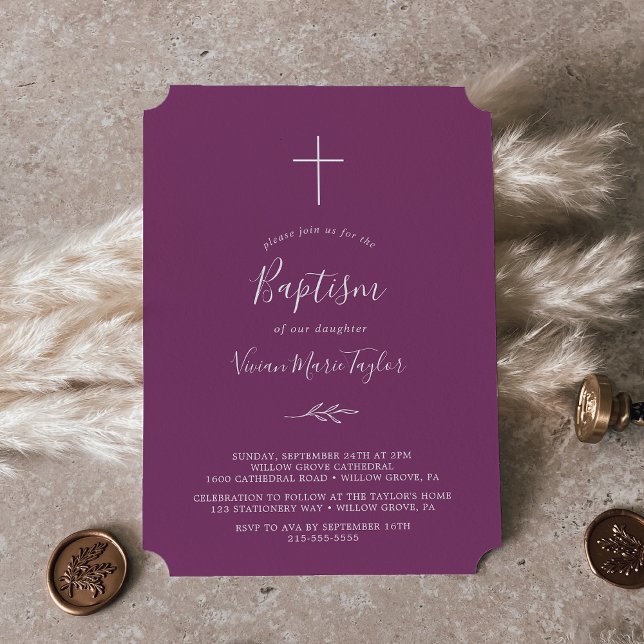 Minimal Löv | Baptisminbjudan till Lila av berry Inbjudningar (Skapare uppladdad)