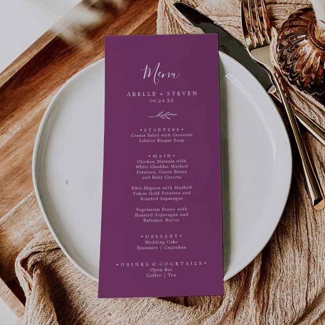 Minimal Löv | Berry Lila Bröllop Dinner Menu Meny (Skapare uppladdad)