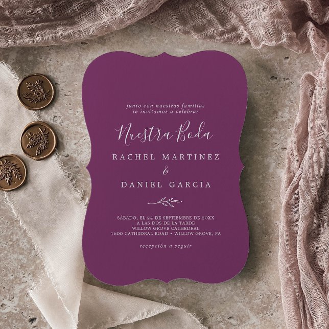 Minimal Löv | Berry Lila Spain Nuestra Boda Inbjudningar (Skapare uppladdad)