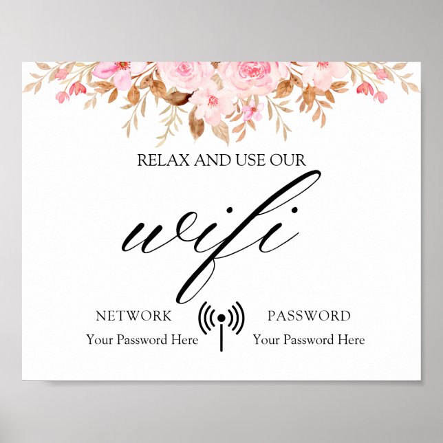 Minimal Löv Boho Blommigt Bröllop Wifi Poster (Framsidan)