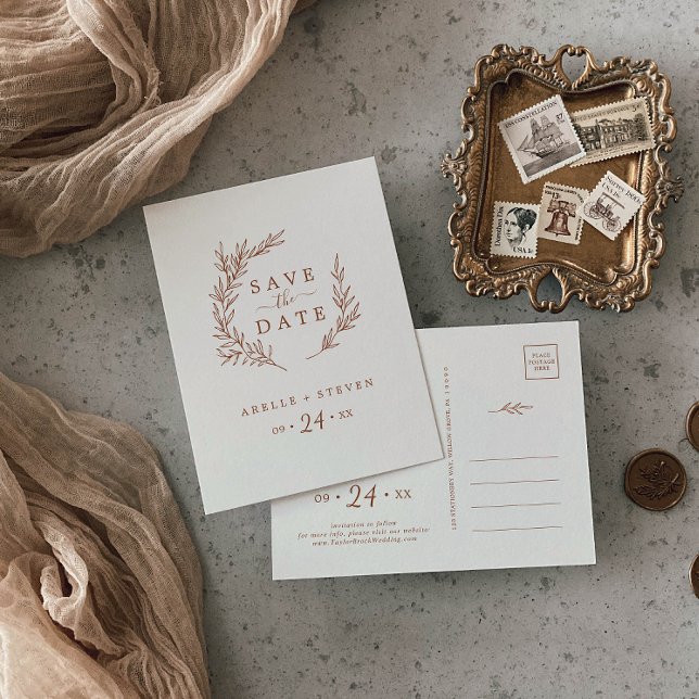 Minimal Löv | Boho Cream Spara datum Inbjudan Vykort (Skapare uppladdad)