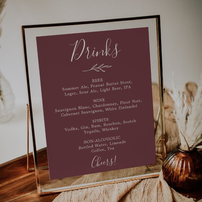 Minimal Löv | Burgundy Bröllop Drinks Menu Poster (Skapare uppladdad)