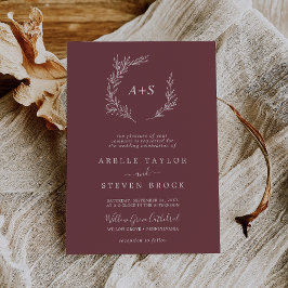 Minimal Löv | Burgundy Formell Monogram Bröllop Inbjudningar