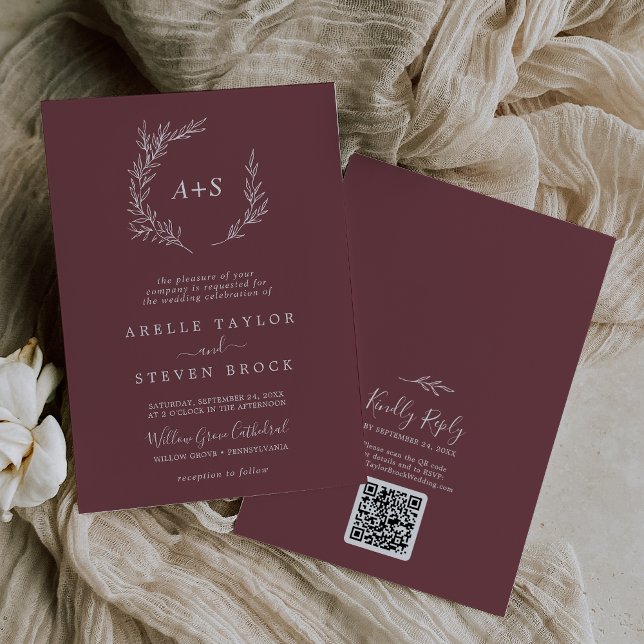 Minimal Löv | Burgundy Monogram QR-kod Bröllop Inbjudningar (Skapare uppladdad)