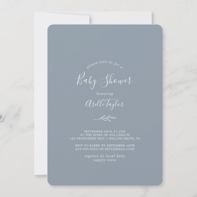 Minimal Löv | Dusty Blue Baby Shower Inbjudningar (Framsida)