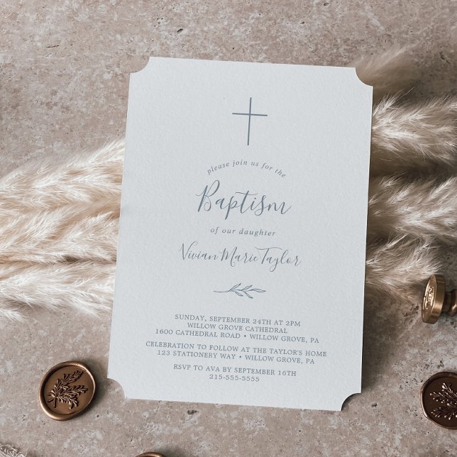 Minimal Löv | Dusty Blue Baptism Inbjudningar (Skapare uppladdad)