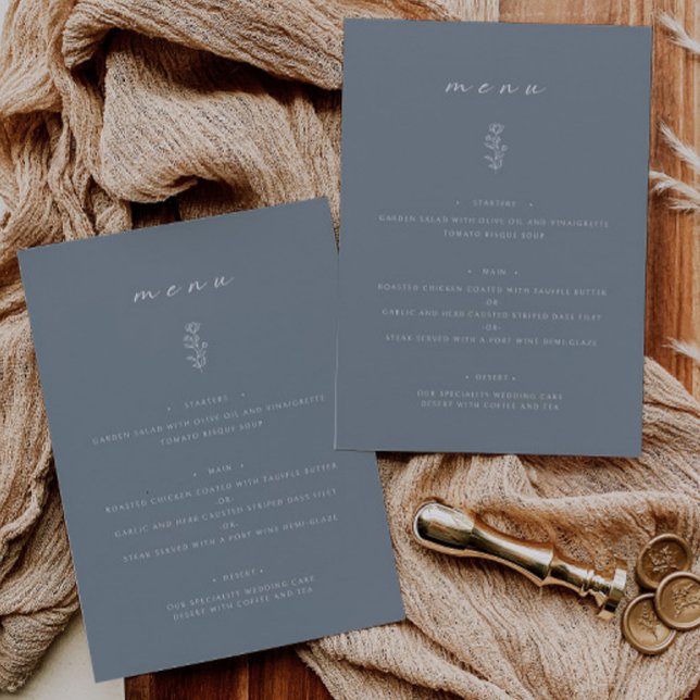 Minimal Löv Dusty Blue Bröllop-innerplatta meny fö (Skapare uppladdad)