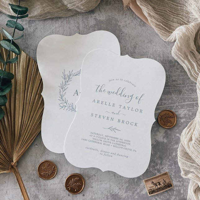 Minimal Löv | Dusty Blue Monogram Bakåt Bröllop Inbjudningar (Skapare uppladdad)