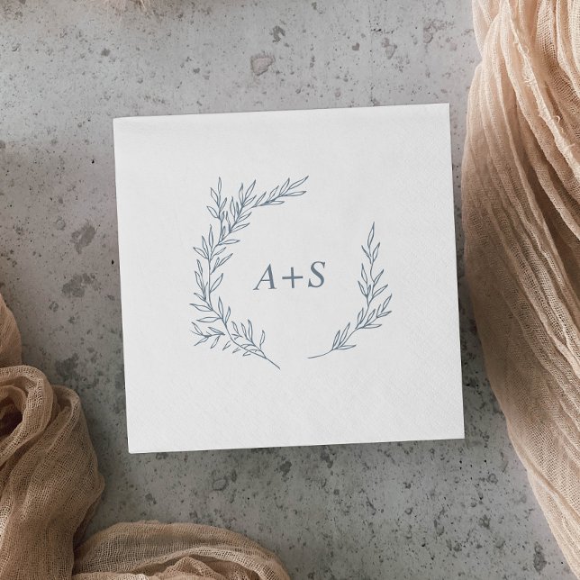 Minimal Löv | Dusty Blue Monogram Bröllop Pappersservett (Skapare uppladdad)