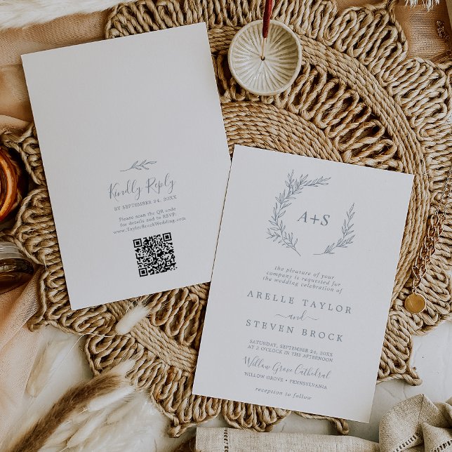 Minimal Löv | Dusty Blue Monogram QR-kod Bröllop Inbjudningar (Skapare uppladdad)