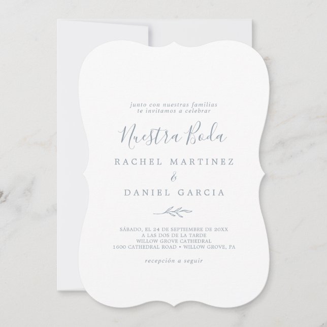 Minimal Löv | Dusty Blue Spain Nuestra Boda Inbjudningar (Framsida)