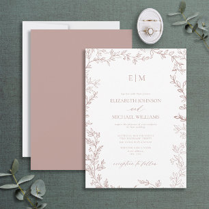 Minimal Löv Dusty Ro Elegant Monogram Bröllop Inbjudningar