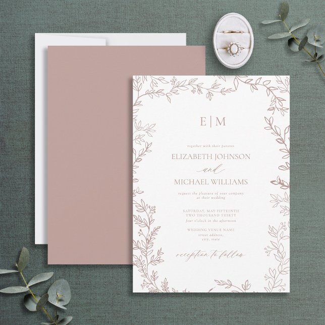 Minimal Löv Dusty Ro Elegant Monogram Bröllop Inbjudningar (Skapare uppladdad)