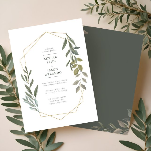Minimal Löv Greenery & Guld Geometric Terrarium Inbjudningar (Minimal Leaf Greenery & Gold Geometric Terrarium Invitation)