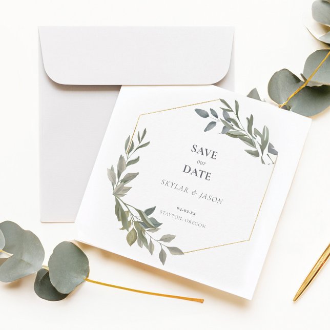 Minimal Löv Greenery & Guld Geometric Terrarium Spara Datumet (Minimal Leaf Greenery & Gold Geometric Terrarium Save The Date)