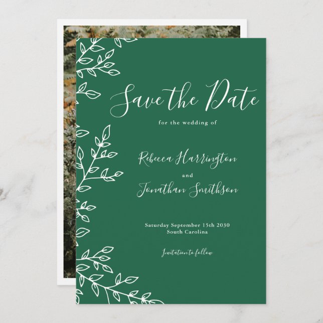 Minimal Löv Grönt Bröllop spara datum Inbjudningar (Fram/baksida)