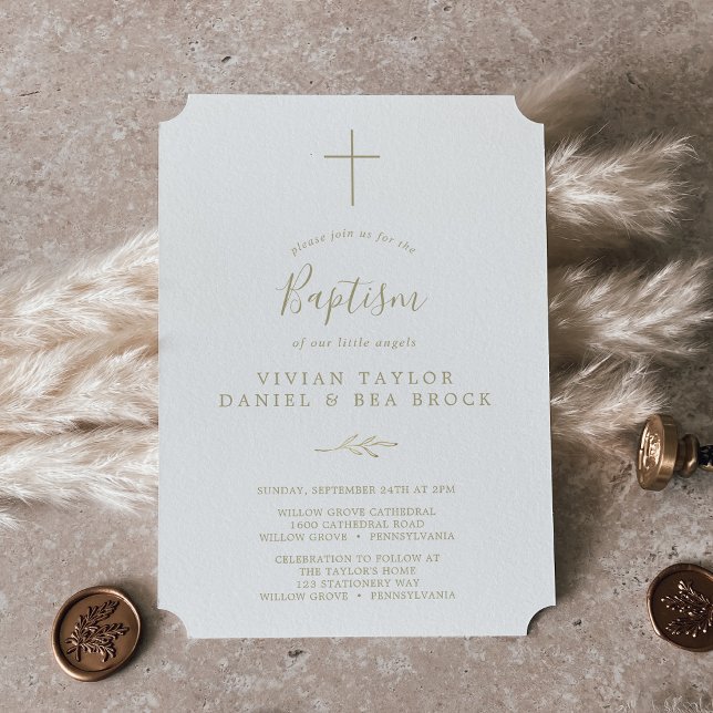 Minimal Löv | Guld 2 eller 3 Inbjudningar (Minimal Leaf | Gold 2 or 3 Person Baptism Invitation)