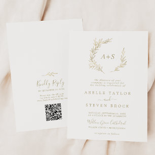 Minimal Löv Guld Monogram QR-kod Bröllop Inbjudningar