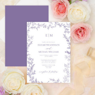 Minimal Löv Lavender Elegant Monogram Bröllop Inbjudningar
