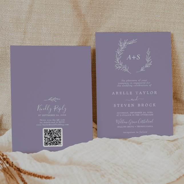 Minimal Löv | Lavender Monogram QR-kod Bröllop Inbjudningar (Skapare uppladdad)