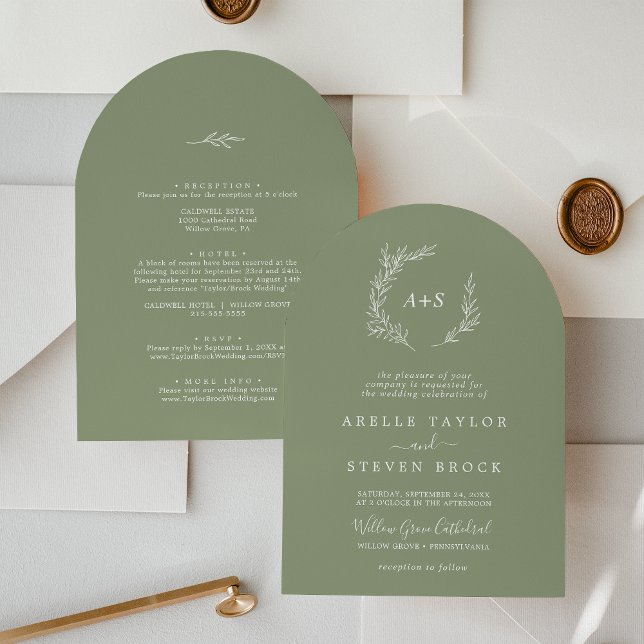 Minimal Löv | Ljusbåge allt på en Bröllop Inbjudningar (Minimal Leaf | Light Sage Arch All In One Wedding Invitation)