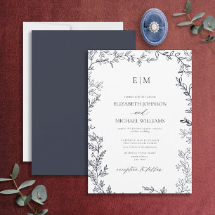 Minimal Löv-marinblått Elegant, Monogram Bröllop Inbjudningar