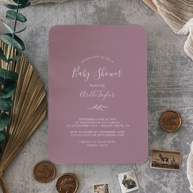 Minimal Löv | Mauve Baby Shower-inbjudan Inbjudningar (Skapare uppladdad)
