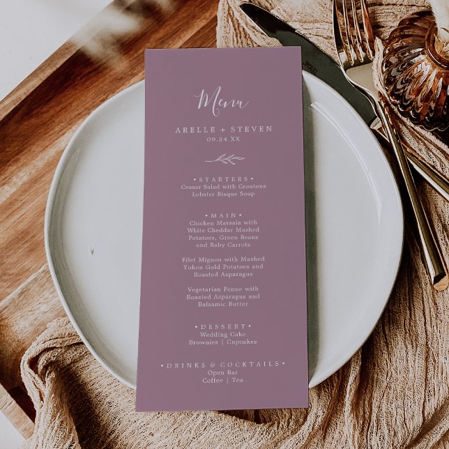 Minimal Löv | Mauve Bröllop Dinner Menu Meny (Skapare uppladdad)