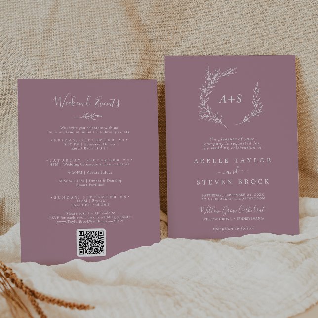 Minimal Löv | Mauve Helg Events Bröllop Inbjudningar (Skapare uppladdad)