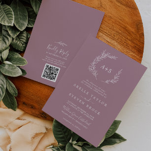 Minimal Löv   Mauve Monogram QR-kod Bröllop Inbjudningar