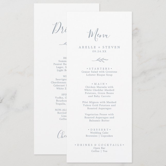 Minimal Löv | Menyn Dusty Blue Dinner and Drinks Meny (Fram/baksida)