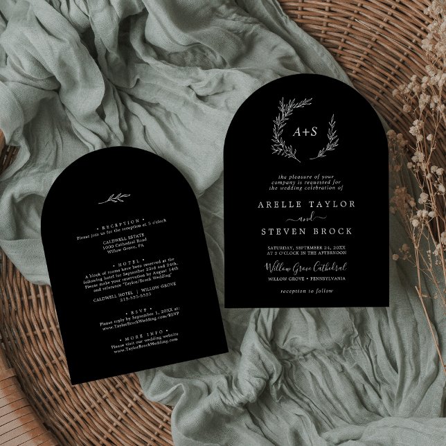 Minimal Löv | Mörk Black Arch allt på en Bröllop Inbjudningar (Minimal Leaf | Dark Black Arch All In One Wedding Invitation)