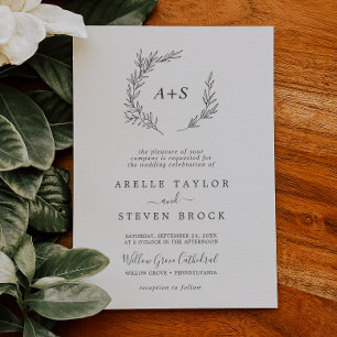 Minimal Löv Mörk Grått Formell Monogram Bröllop Inbjudningar