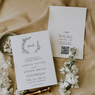 Minimal Löv Mörk Grått Monogram QR-kod Bröllop Inbjudningar