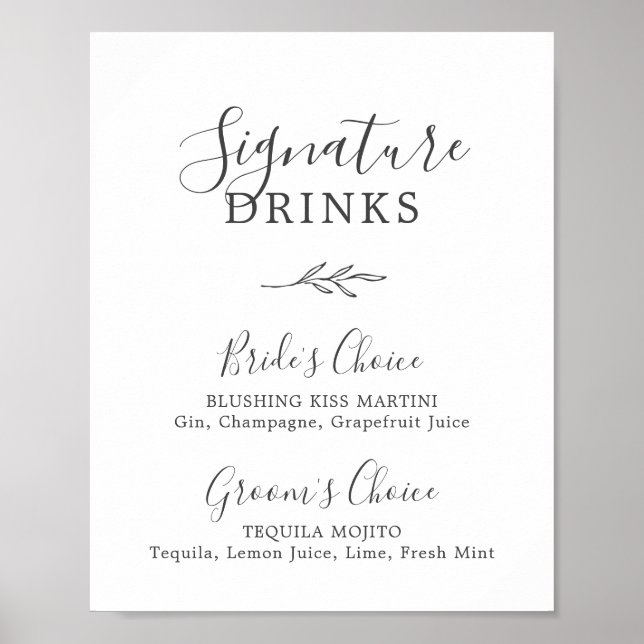Minimal Löv | Mörk Grått Namnteckning Drinks-tecke Poster (Framsidan)