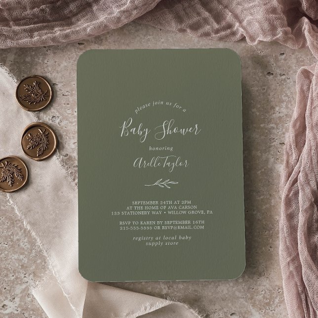 Minimal Löv | Mörk grönt babyskor Inbjudningar (Skapare uppladdad)