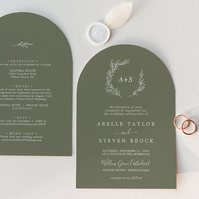 Minimal Löv | Mörk grönt båge på en Bröllop Inbjudningar (Minimal Leaf | Dark Green Arch All In One Wedding Invitation)