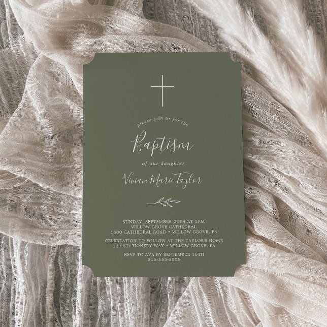 Minimal Löv | Mörk grönt baptism Inbjudningar (Skapare uppladdad)