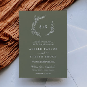Minimal Löv Mörk grönt formellt monogram Bröllop Inbjudningar