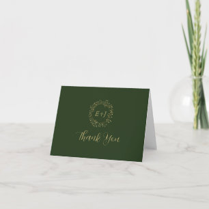 Minimal Löv Mörk grönt formellt monogram Bröllop Tack Kort