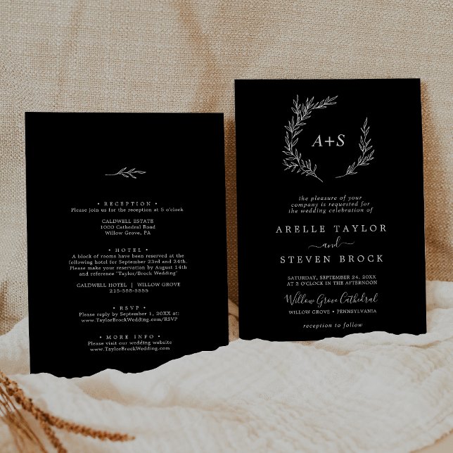 Minimal Löv | Mörk svart alla i ett Bröllop Inbjudningar (Minimal Leaf | Dark Black All In One Wedding Invitation)