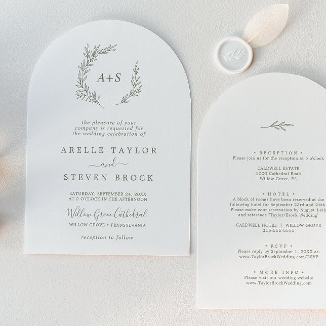 Minimal Löv | Oliv grönt båge på en Bröllop Inbjudningar (Minimal Leaf | Olive Green Arch All In One Wedding Invitation)