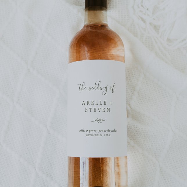 Minimal Löv | Oliv grönt Bröllop Vin-etikett Vinflaska Etikett (Skapare uppladdad)