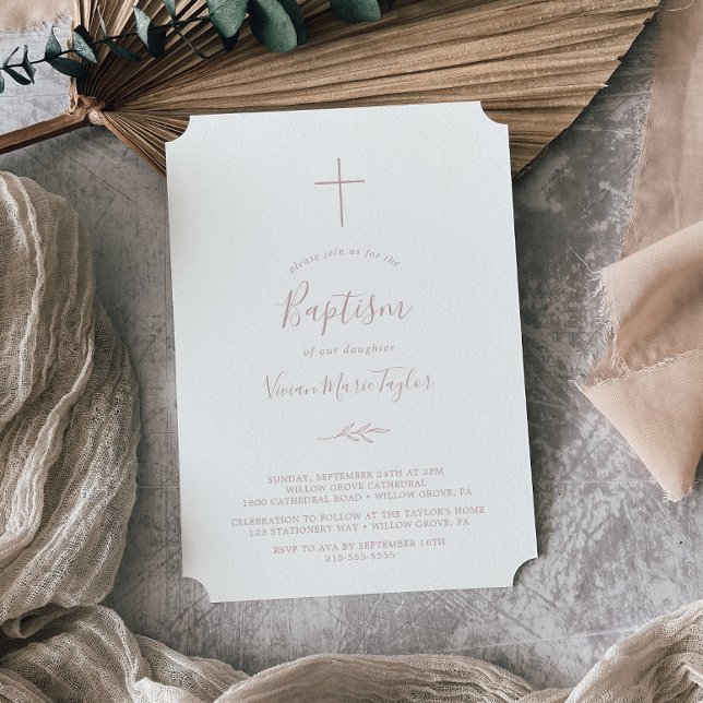 Minimal Löv |  Rosa Baptism Inbjudningar (Skapare uppladdad)